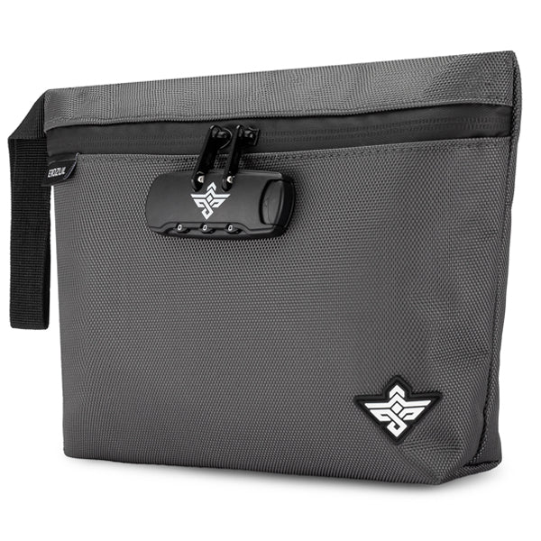 The Erozul Orion Smell Proof Bag With Combination Lock 11 is a gray, textured document bag with a black zipper, water-resistant material, side strap, anti-theft lock, and a white geometric logo in the lower right corner.